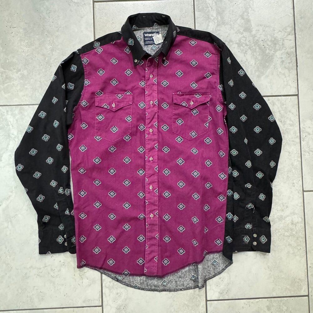 Vintage 80s Wrangler Men’s Size 15.5-34 Western Cowboy Aztec Pink Black